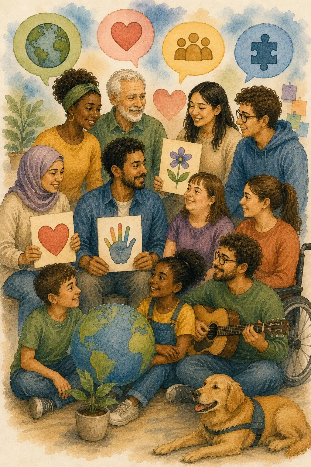 Grupo reunido em uma atividade reflexiva, ilustrado em aquarela