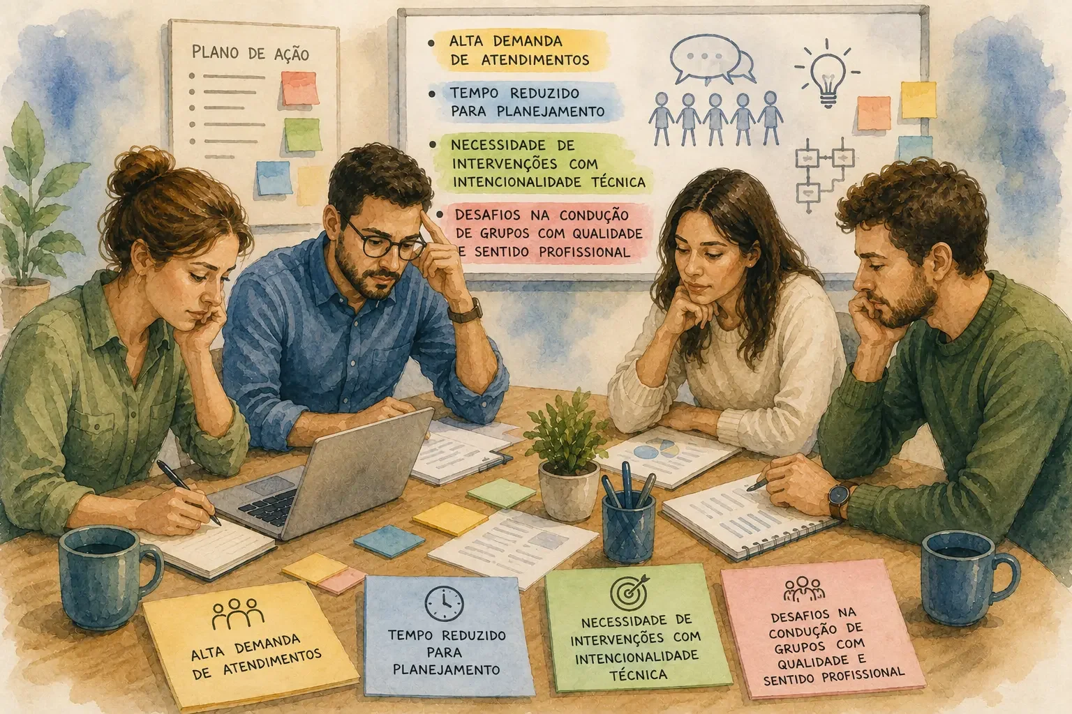 Profissionais planejando juntos uma atividade em grupo, em aquarela