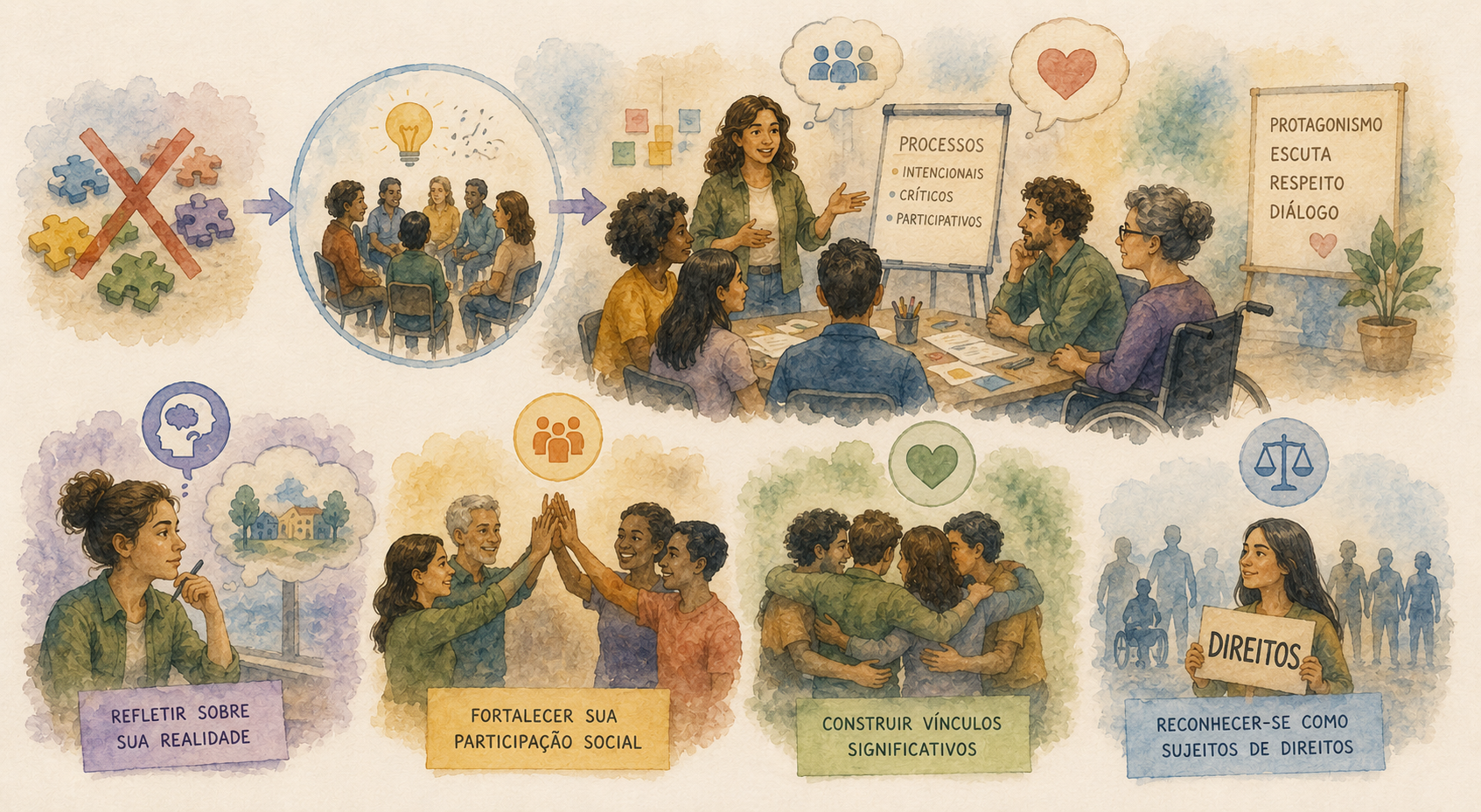 Ilustração em aquarela sobre reflexão, participação, vínculos e reconhecimento como sujeitos de direitos