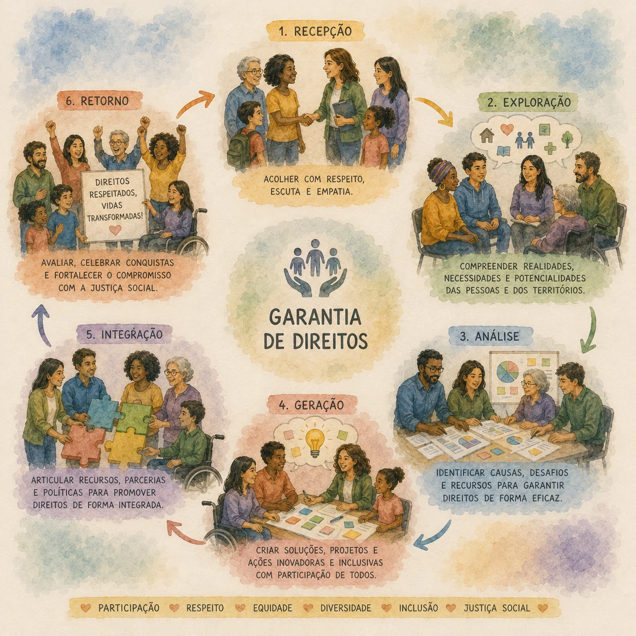 Ciclo do método com acolhimento, exploração, análise, geração, integração e retorno em aquarela